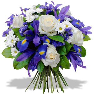 Bouquet di fiori secchi LOURDES con erbe, viola-blu-bianco, 30cm